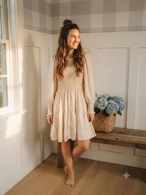 Smocked Waist Cream Long-Sleeve Tiered Midi Dress Small